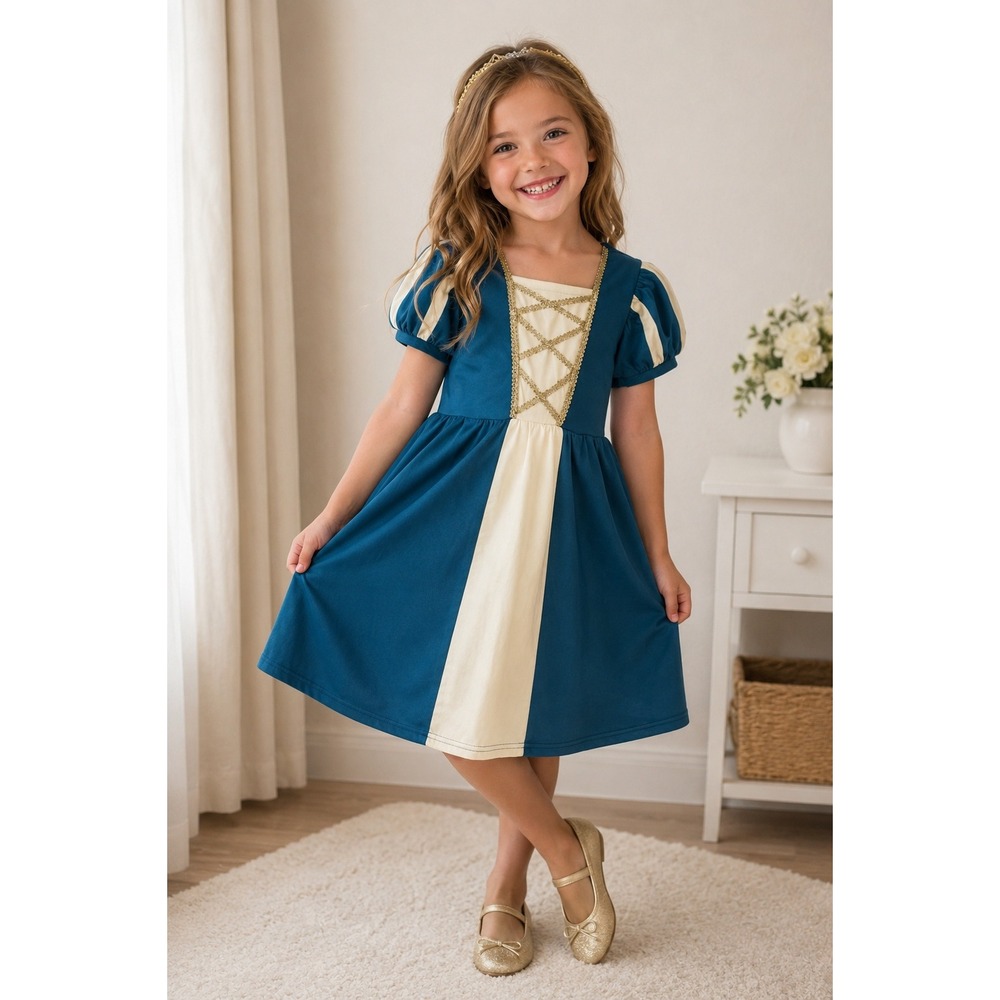 Luo Bei Er Girls Teal Blue Cream Princess Costume Dress Gold Trim Short Sleeve
